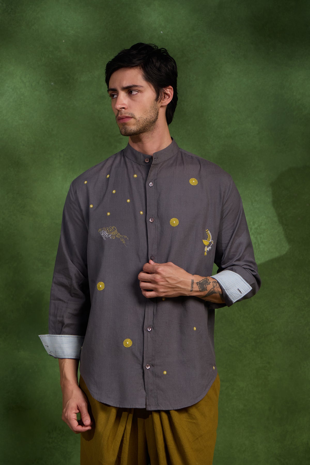Mehr handcrafted Chikankari Mandarin collar Shirt