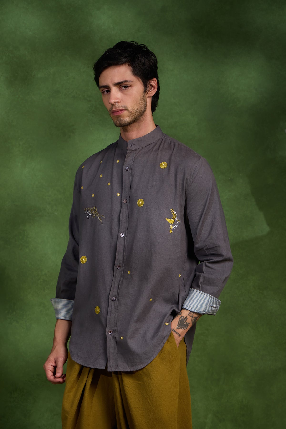 Mehr handcrafted Chikankari Mandarin collar Shirt