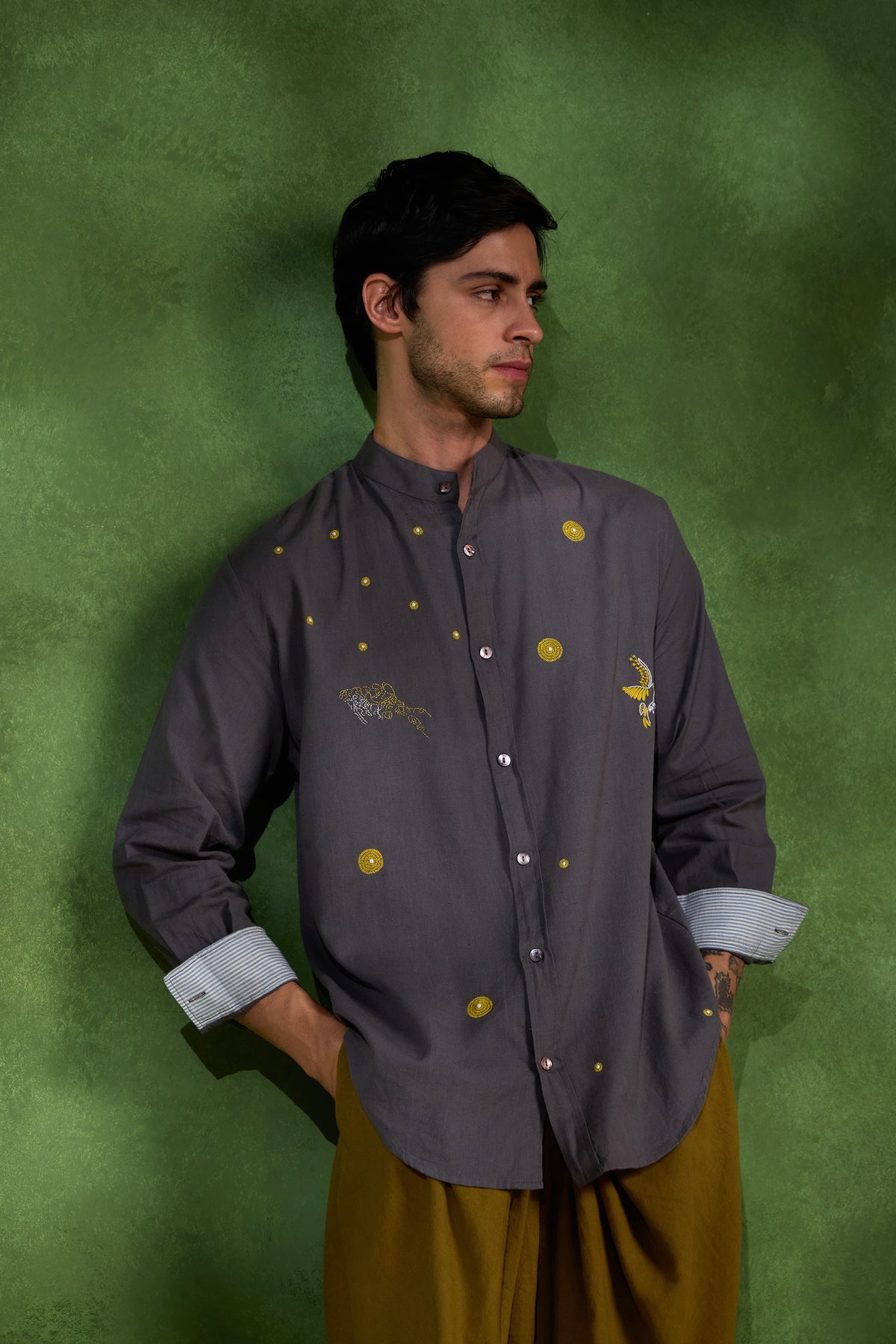 Mehr handcrafted Chikankari Mandarin collar Shirt