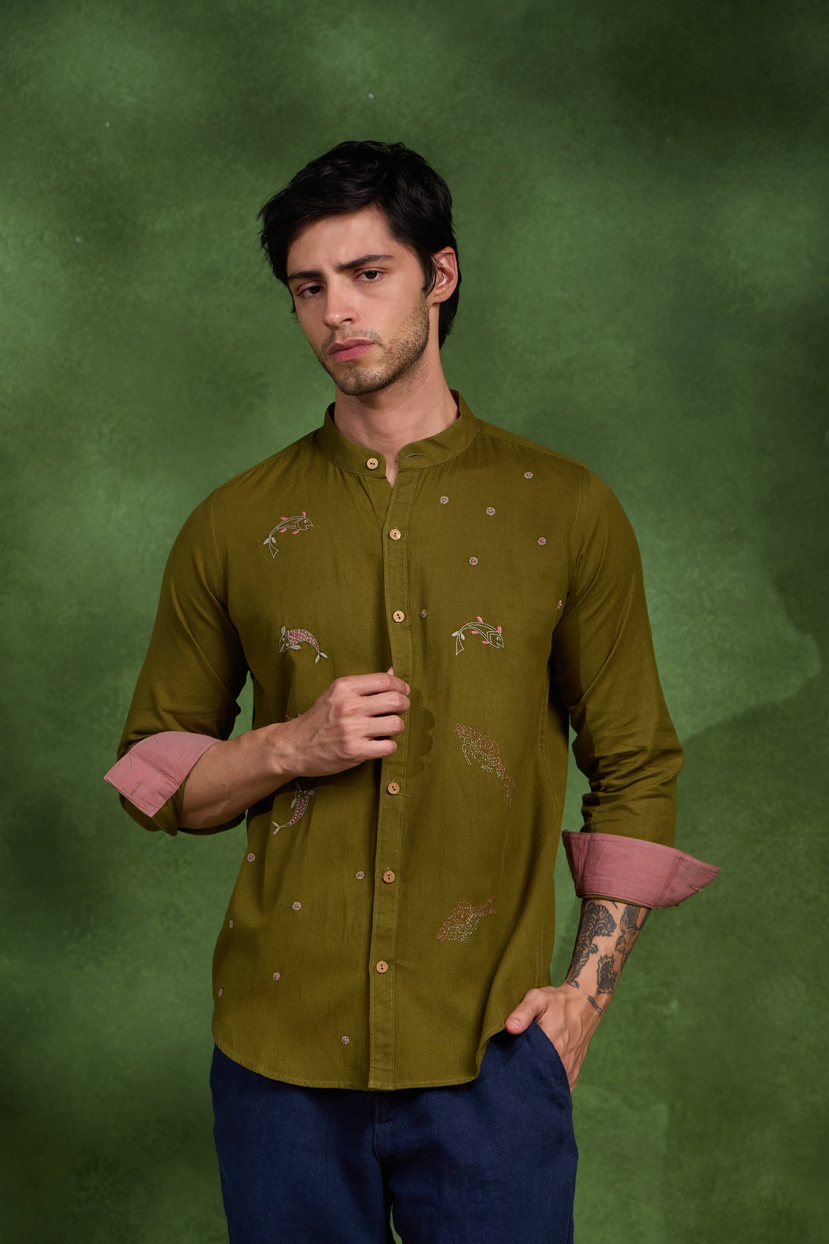 Bodhi handcrafted Chikankari Mandarin collar Shirt