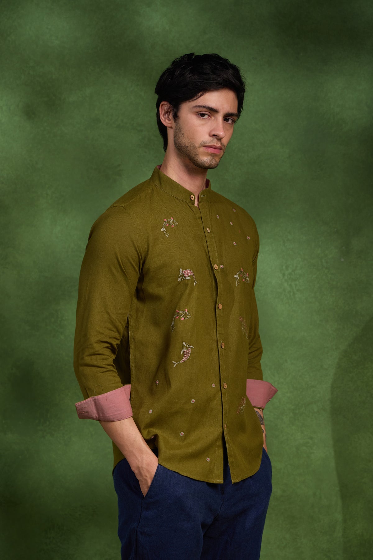 Bodhi handcrafted Chikankari Mandarin collar Shirt