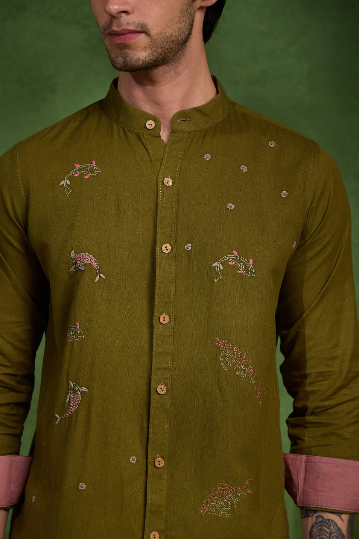 Bodhi handcrafted Chikankari Mandarin collar Shirt