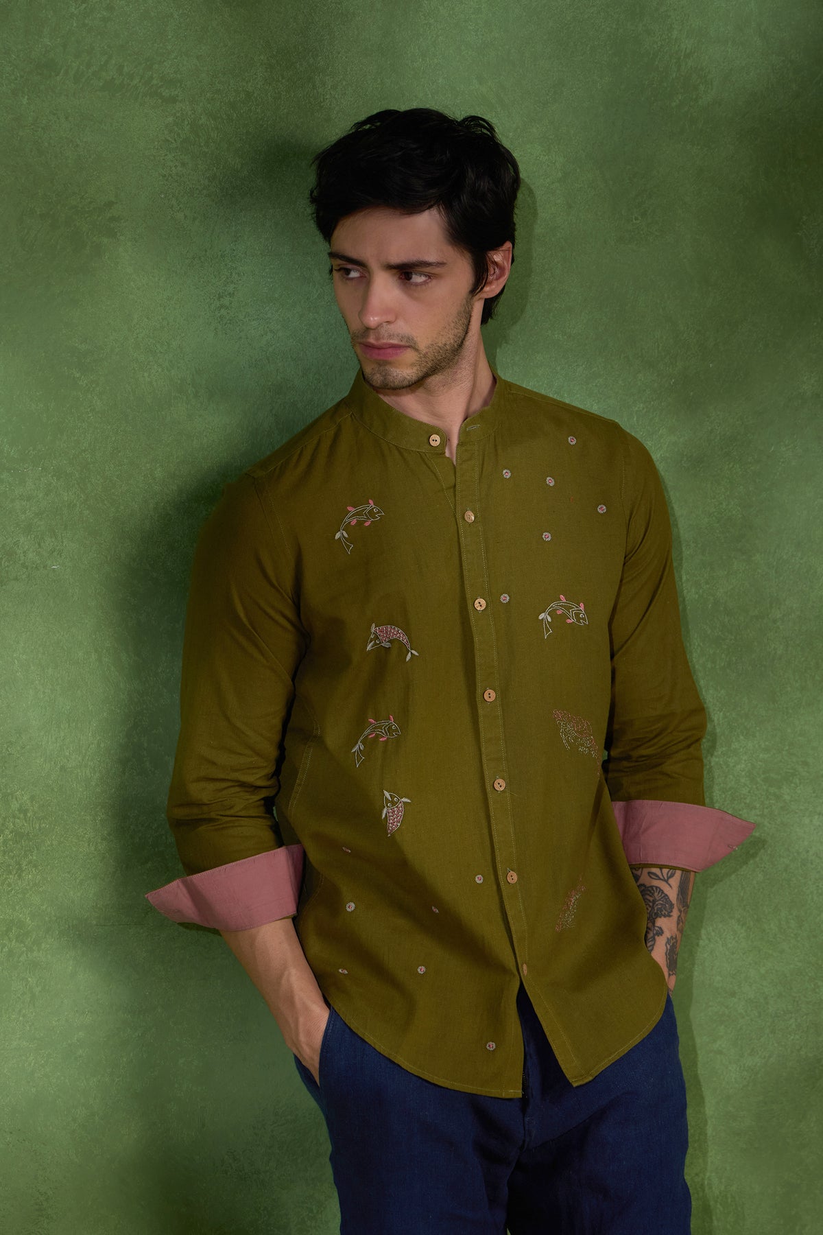 Bodhi handcrafted Chikankari Mandarin collar Shirt