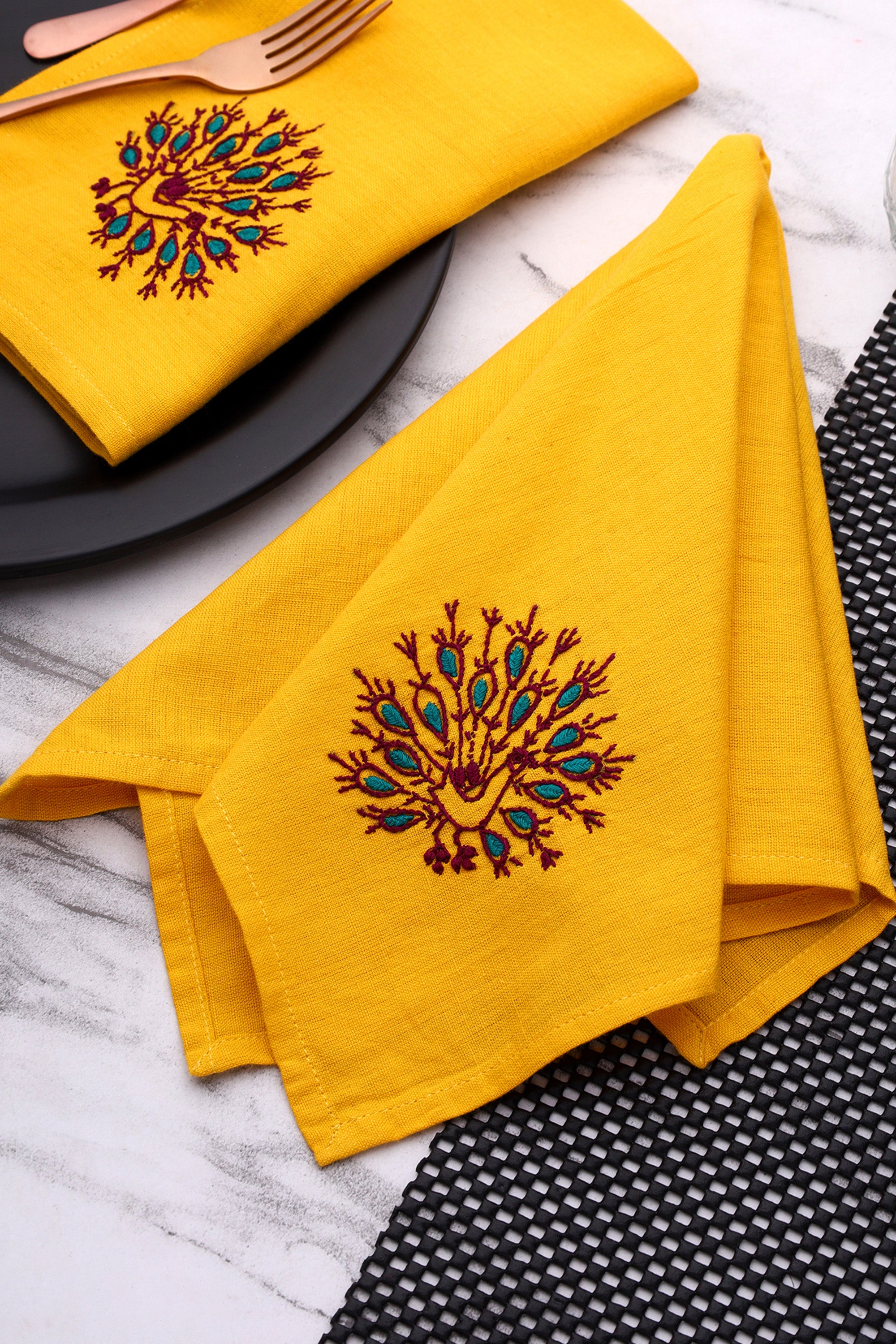 Dinner Napkin | Mayur | Chikankari | Cotton Flax | Set of 2