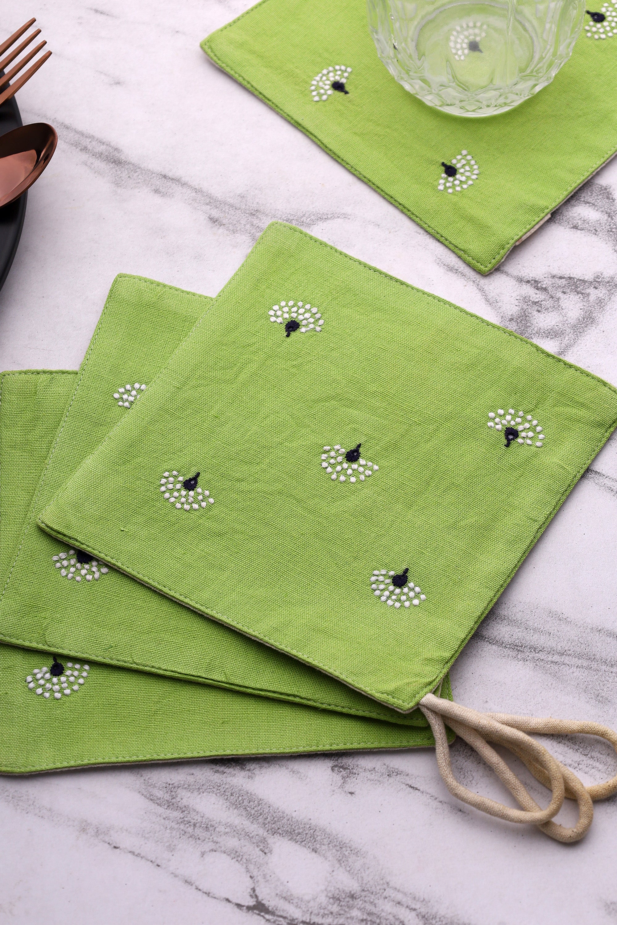 Coaster | Ixora | Chikankari | Cotton Flax | Set of 2