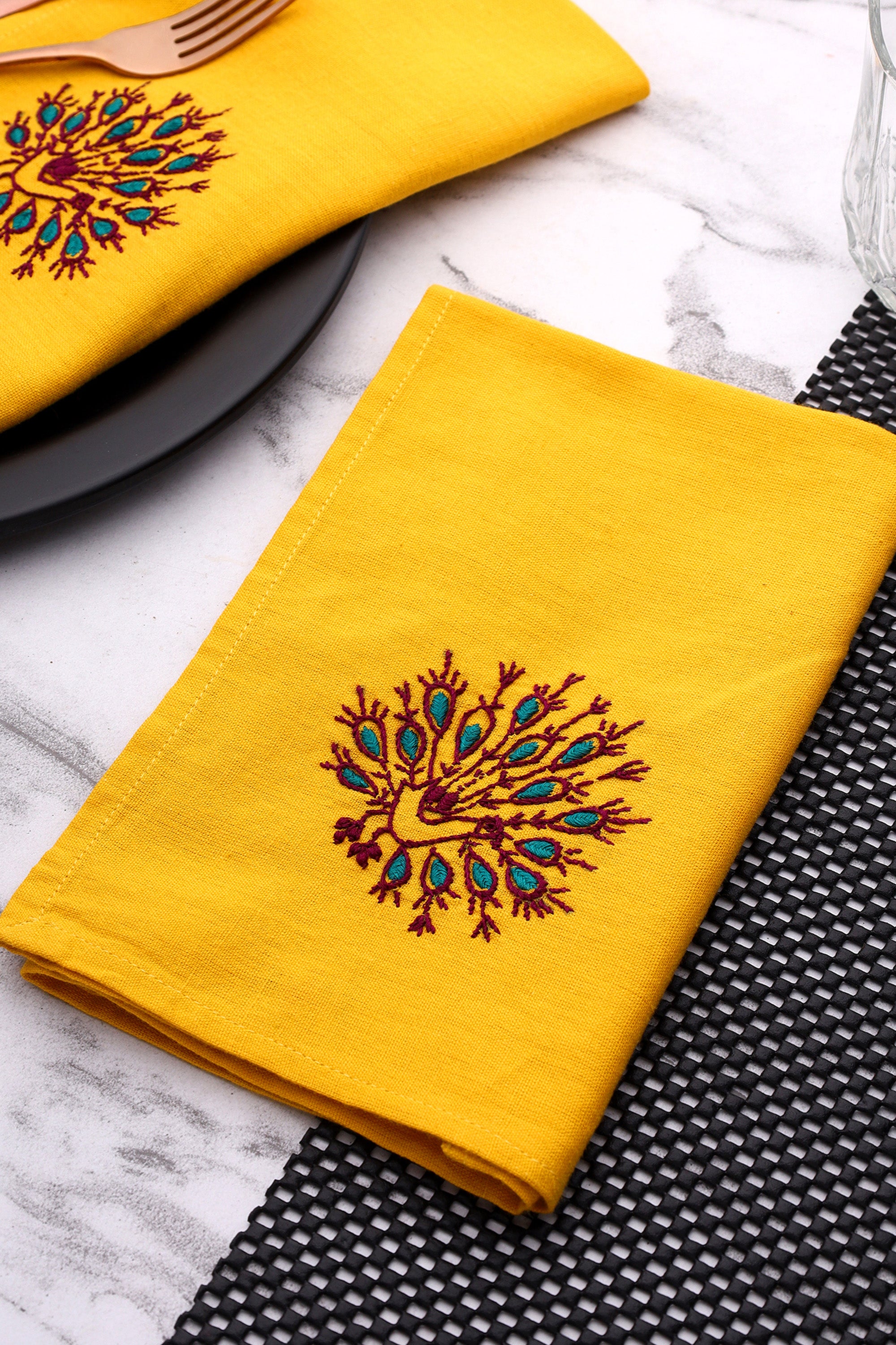 Dinner Napkin | Mayur | Chikankari | Cotton Flax | Set of 2