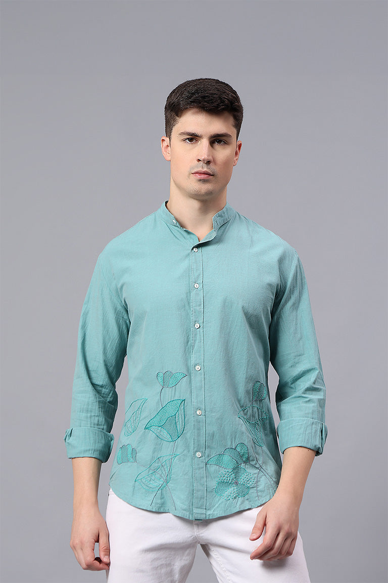 Mandarin Collar Shirt | Visheshan | Chikankari | Cotton Chambray