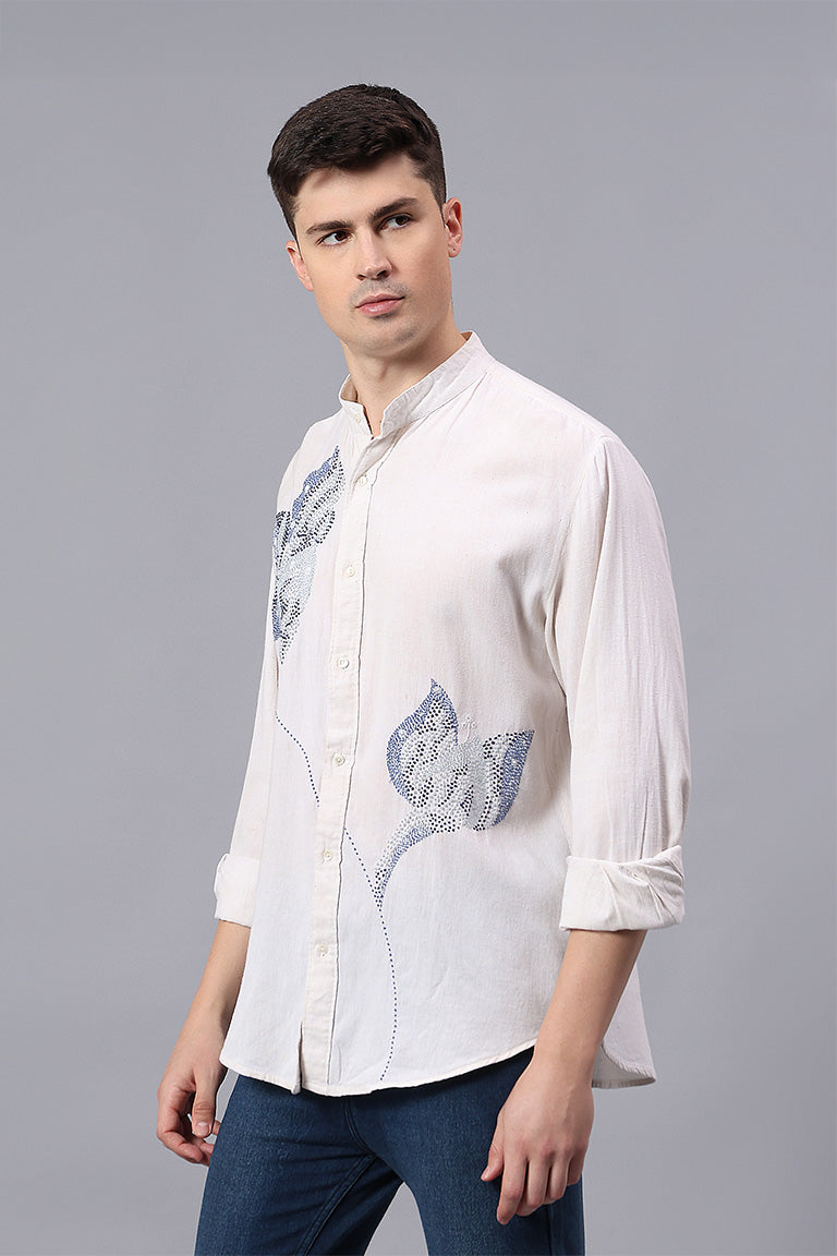 Mandarin Collar Shirt | Nipaat | Chikankari | Cotton Linen