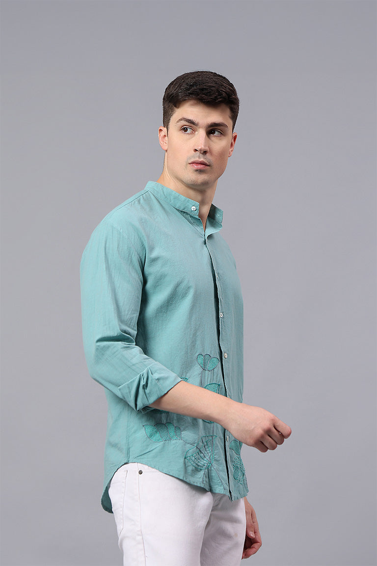 Mandarin Collar Shirt | Visheshan | Chikankari | Cotton Chambray