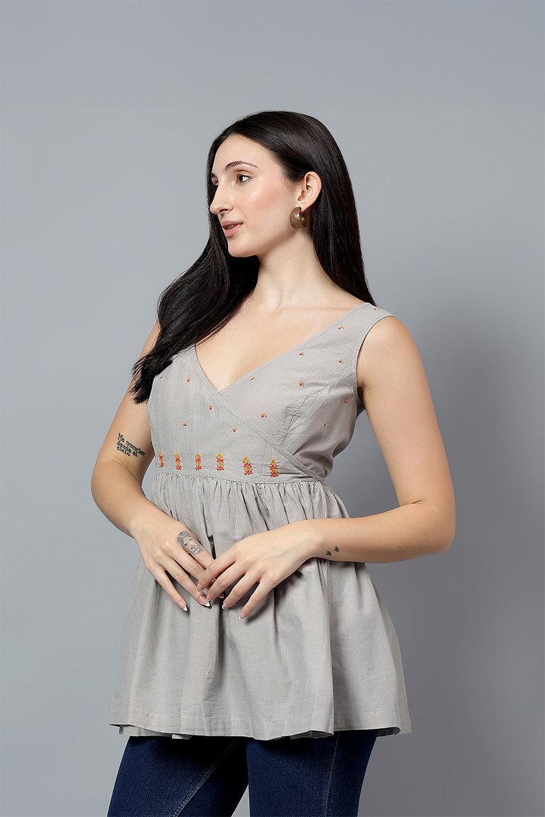 Wrap Top | Vakya | Chikankari | Cotton Chambray