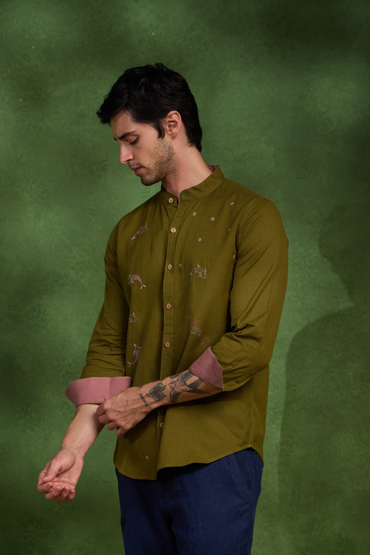Bodhi handcrafted Chikankari Mandarin collar Shirt
