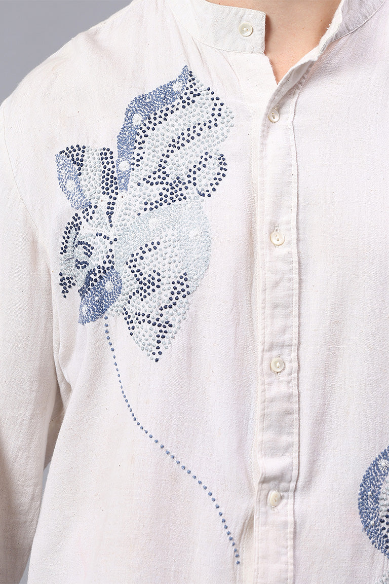 Mandarin Collar Shirt | Nipaat | Chikankari | Cotton Linen