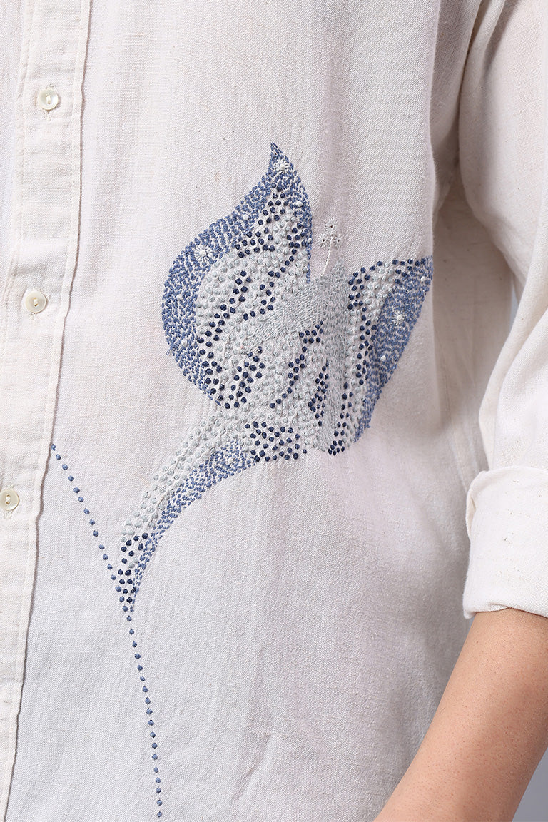 Mandarin Collar Shirt | Nipaat | Chikankari | Cotton Linen