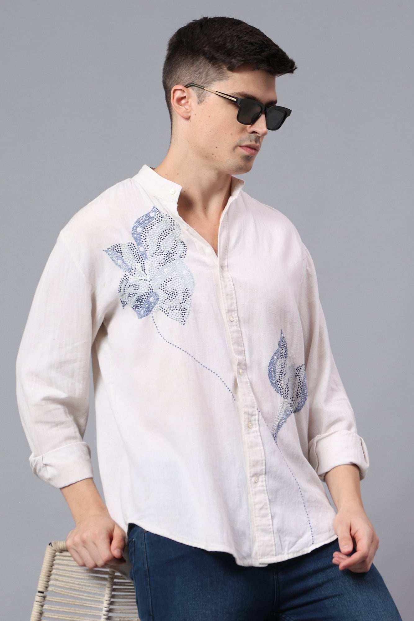 Nipaat handcrafted Chikankari Mandarin collar Shirt