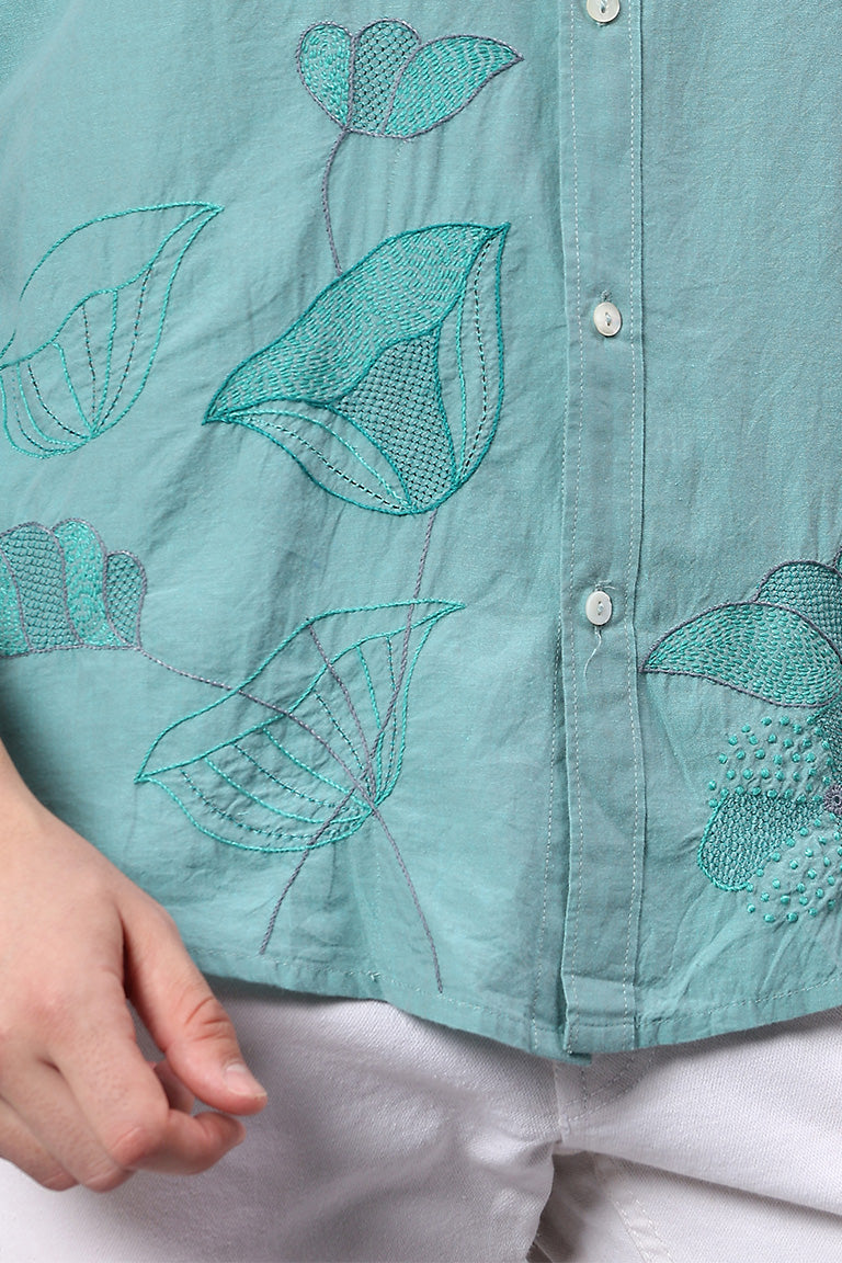 Mandarin Collar Shirt | Visheshan | Chikankari | Cotton Chambray