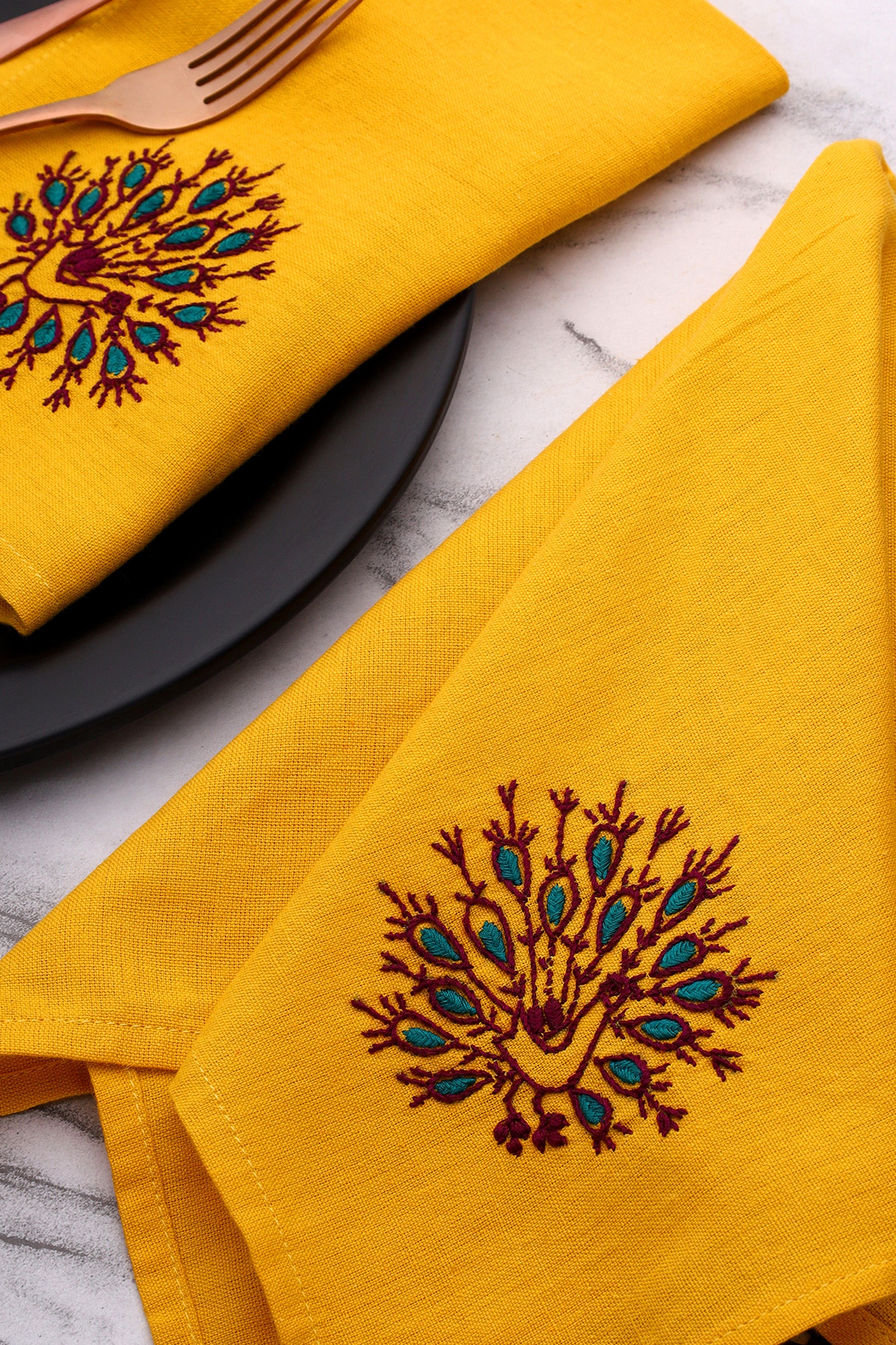 Dinner Napkin | Mayur | Chikankari | Cotton Flax | Set of 2