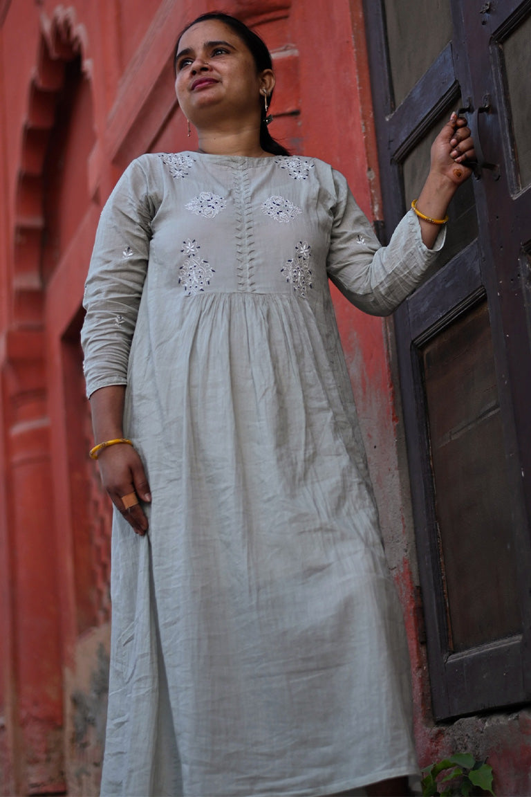 Akhota Chikankari Round-Neck Gathered Long Tunic