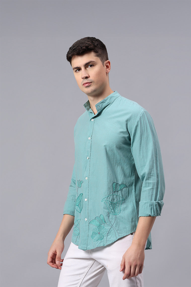 Mandarin Collar Shirt | Visheshan | Chikankari | Cotton Chambray