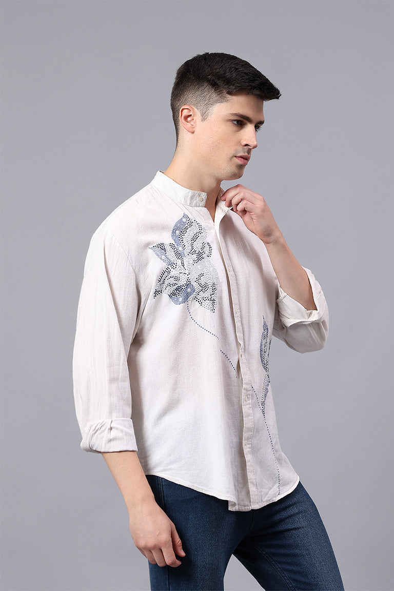 Mandarin Collar Shirt | Nipaat | Chikankari | Cotton Linen
