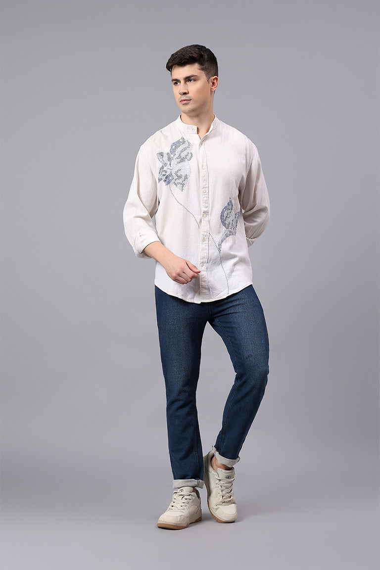 Mandarin Collar Shirt | Nipaat | Chikankari | Cotton Linen