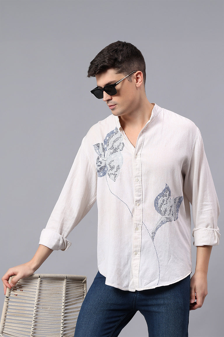 Mandarin Collar Shirt | Nipaat | Chikankari | Cotton Linen