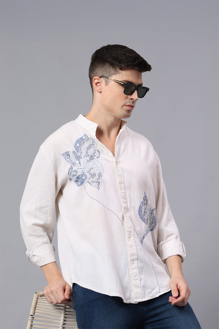 Mandarin Collar Shirt | Nipaat | Chikankari | Cotton Linen