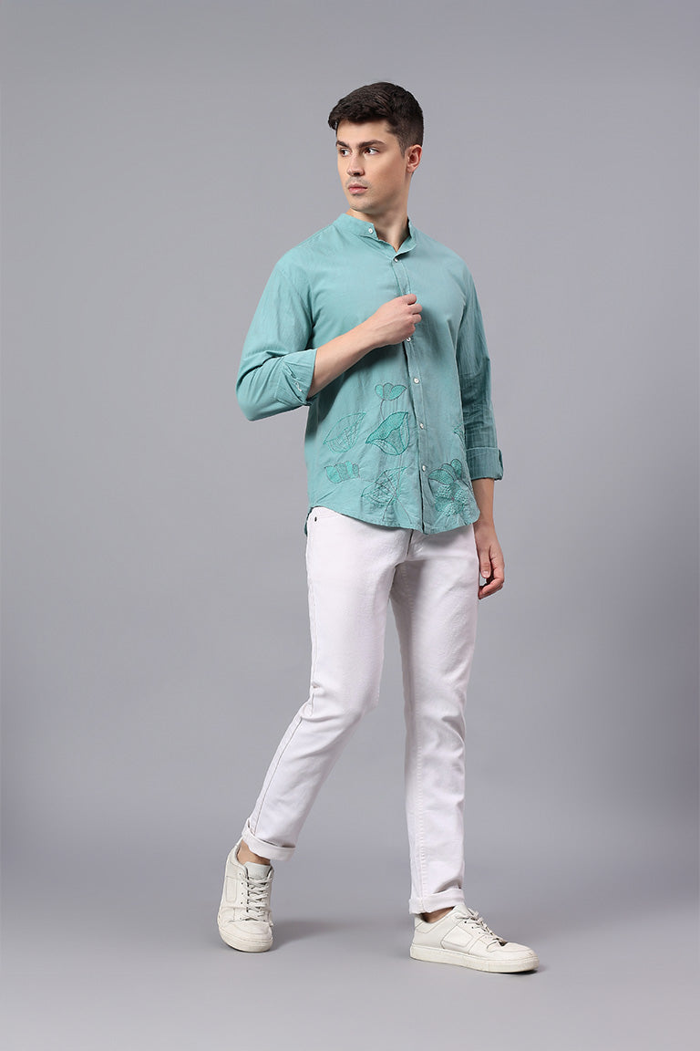 Mandarin Collar Shirt | Visheshan | Chikankari | Cotton Chambray