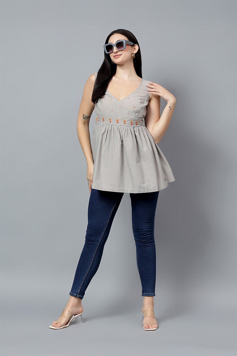 Wrap Top | Vakya | Chikankari | Cotton Chambray