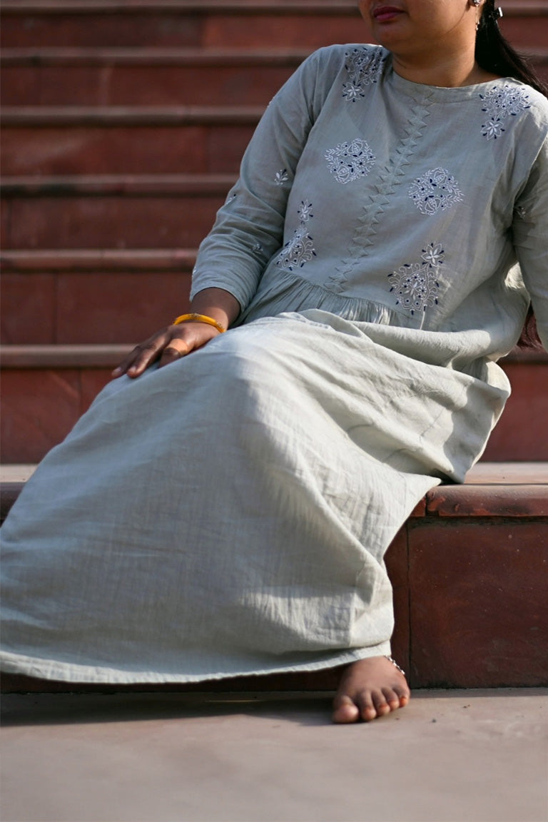 Akhota Chikankari Round-Neck Gathered Long Tunic