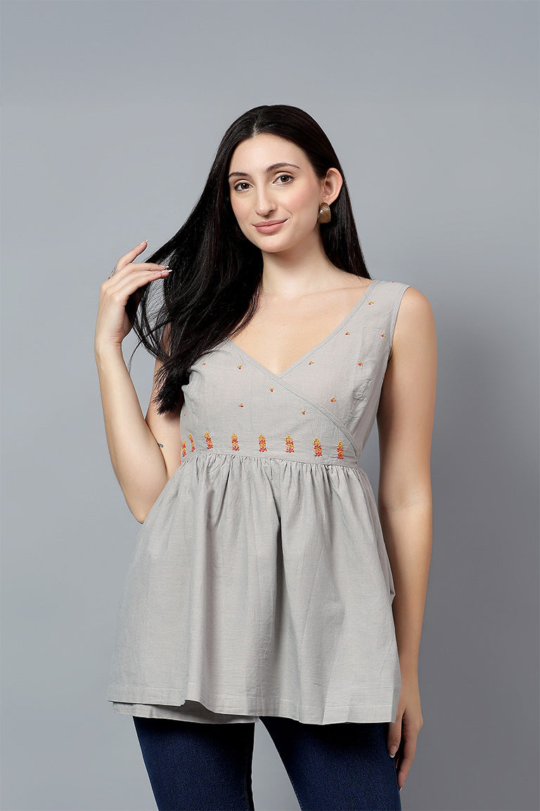 Wrap Top | Vakya | Chikankari | Cotton Chambray