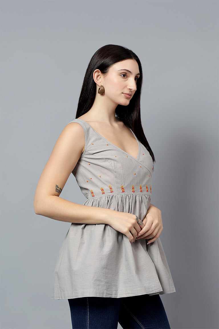 Wrap Top | Vakya | Chikankari | Cotton Chambray