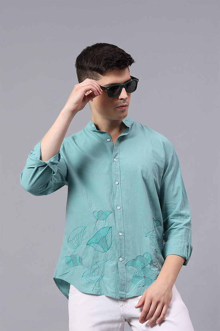 Mandarin Collar Shirt | Visheshan | Chikankari | Cotton Chambray