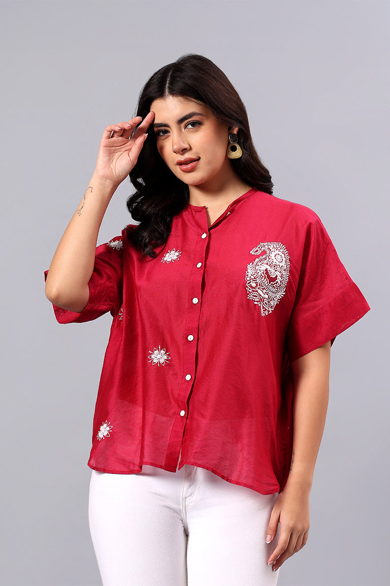 Shirt w/h back Cowl | Samaas | Chikankari | Cotton Silk (Chanderi)